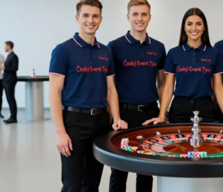 Moderátor a eventový tým Bohekrad u ruletového stolu během společenského večera